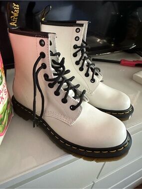 Dr. Martens White Lace-Up Combat Boots with Black Trim